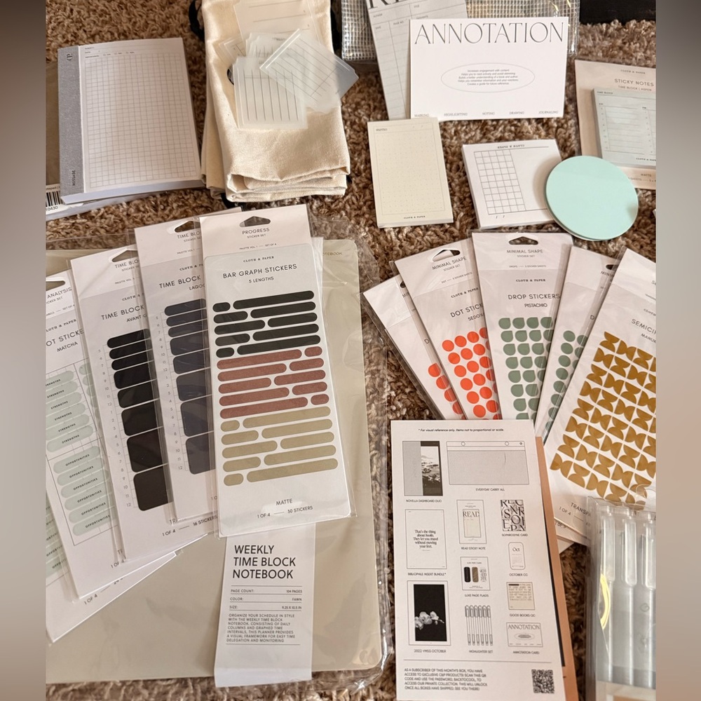 Cloth and Paper Assorted Planner Stickers, Annotation set and Notebooks